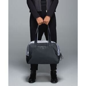 Lululemon Urban Sanctuary Black Silver Metallic Faux Leather Duffel Bag Handbag